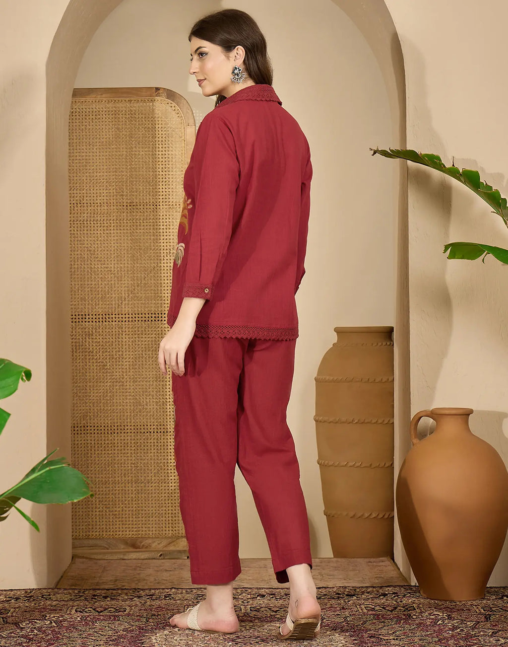 Skylee Cotton Embroidered Spread Neck Co-ord Set For Woman