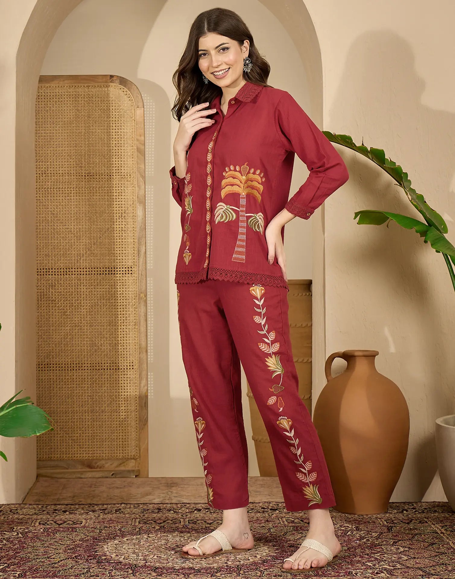 Skylee Cotton Embroidered Spread Neck Co-ord Set For Woman