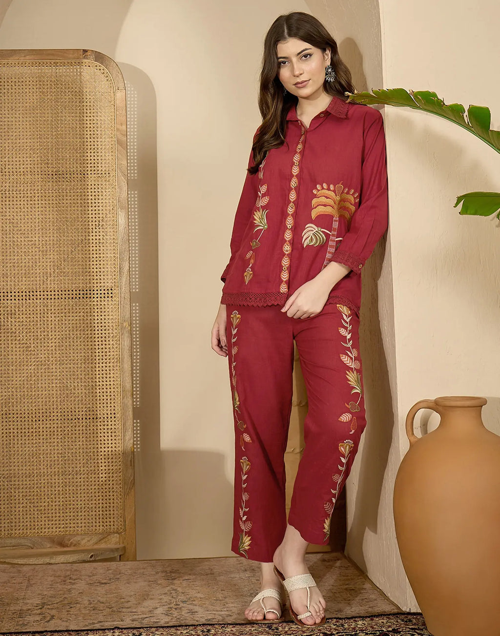 Skylee Cotton Embroidered Spread Neck Co-ord Set For Woman