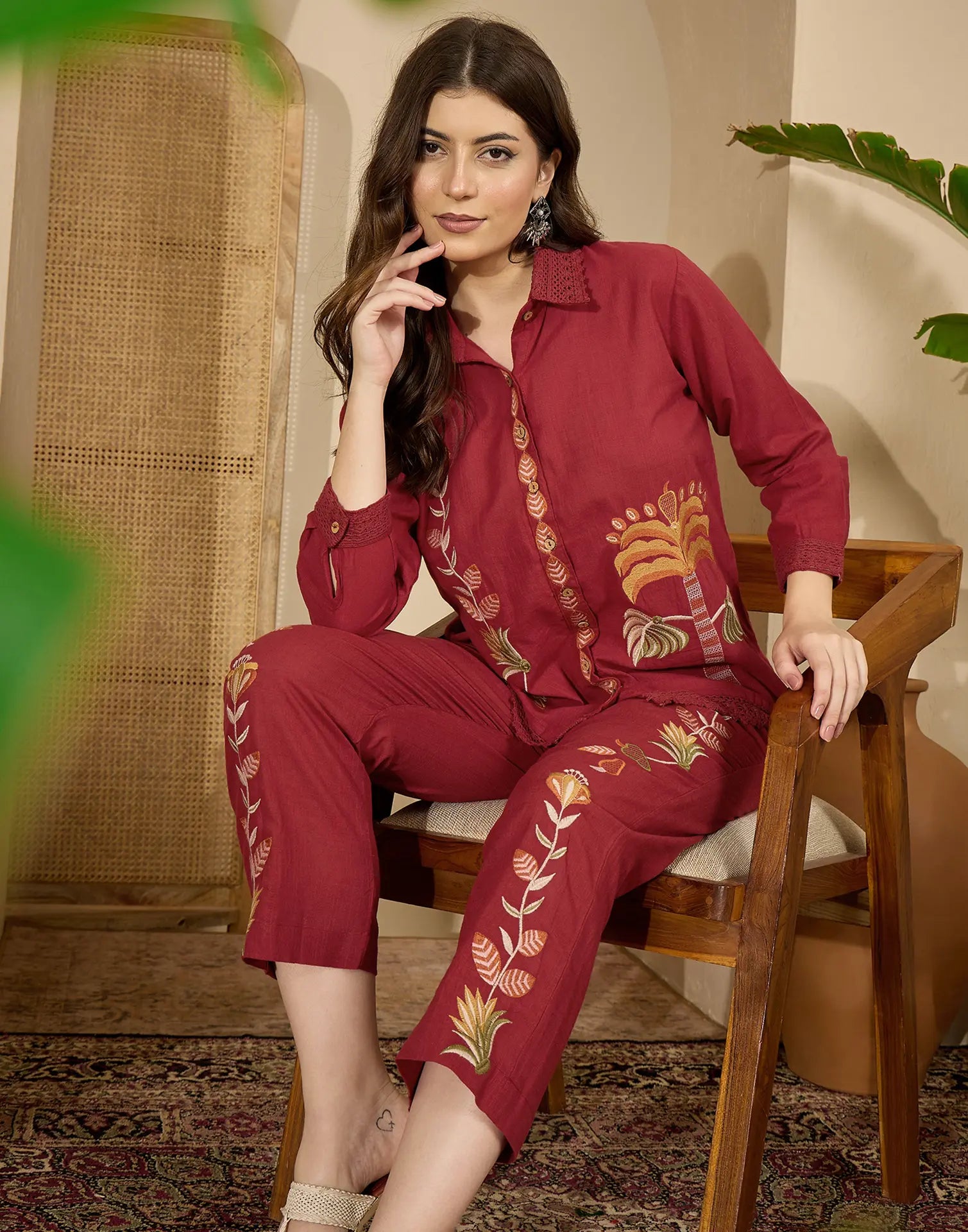 Skylee Cotton Embroidered Spread Neck Co-ord Set For Woman