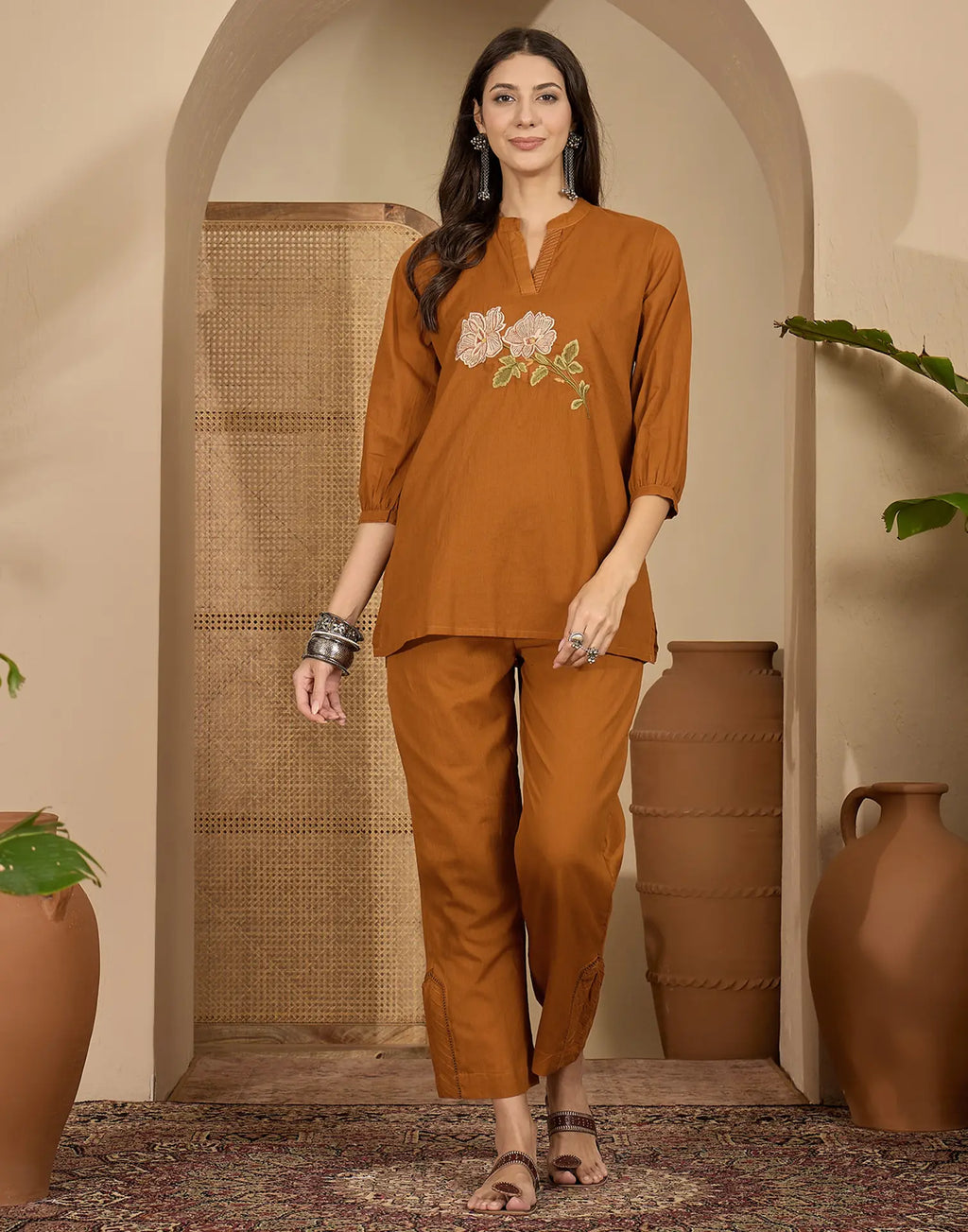 Skylee Cotton Embroidered Mandarin Collar Co-ord Set For Woman