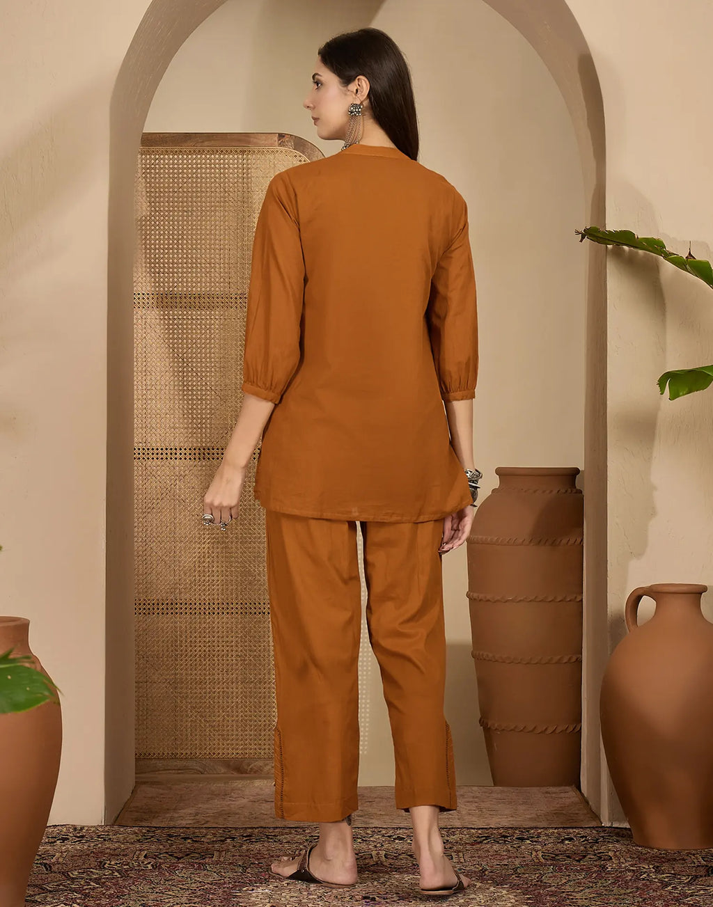 Skylee Cotton Embroidered Mandarin Collar Co-ord Set For Woman