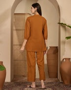 Skylee Cotton Embroidered Mandarin Collar Co-ord Set For Woman
