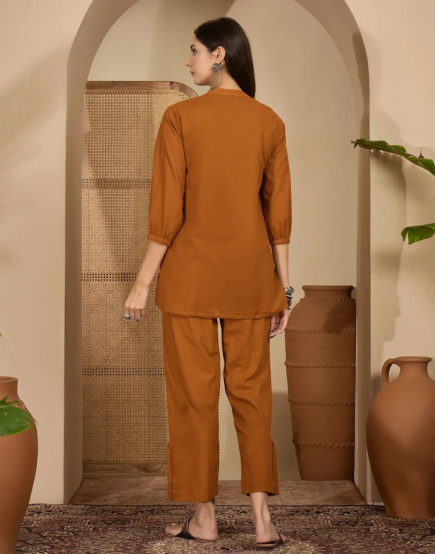 Skylee Cotton Embroidered Mandarin Collar Co-ord Set For Woman