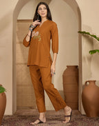 Skylee Cotton Embroidered Mandarin Collar Co-ord Set For Woman
