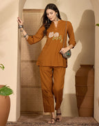 Skylee Cotton Embroidered Mandarin Collar Co-ord Set For Woman