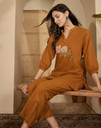 Skylee Cotton Embroidered Mandarin Collar Co-ord Set For Woman