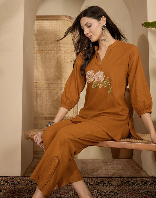 Cotton Embroidered Mandarin Collar Co-ord Set