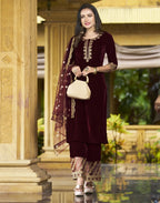 Velvet Embroidered Straight 3 Piece Kurta Set