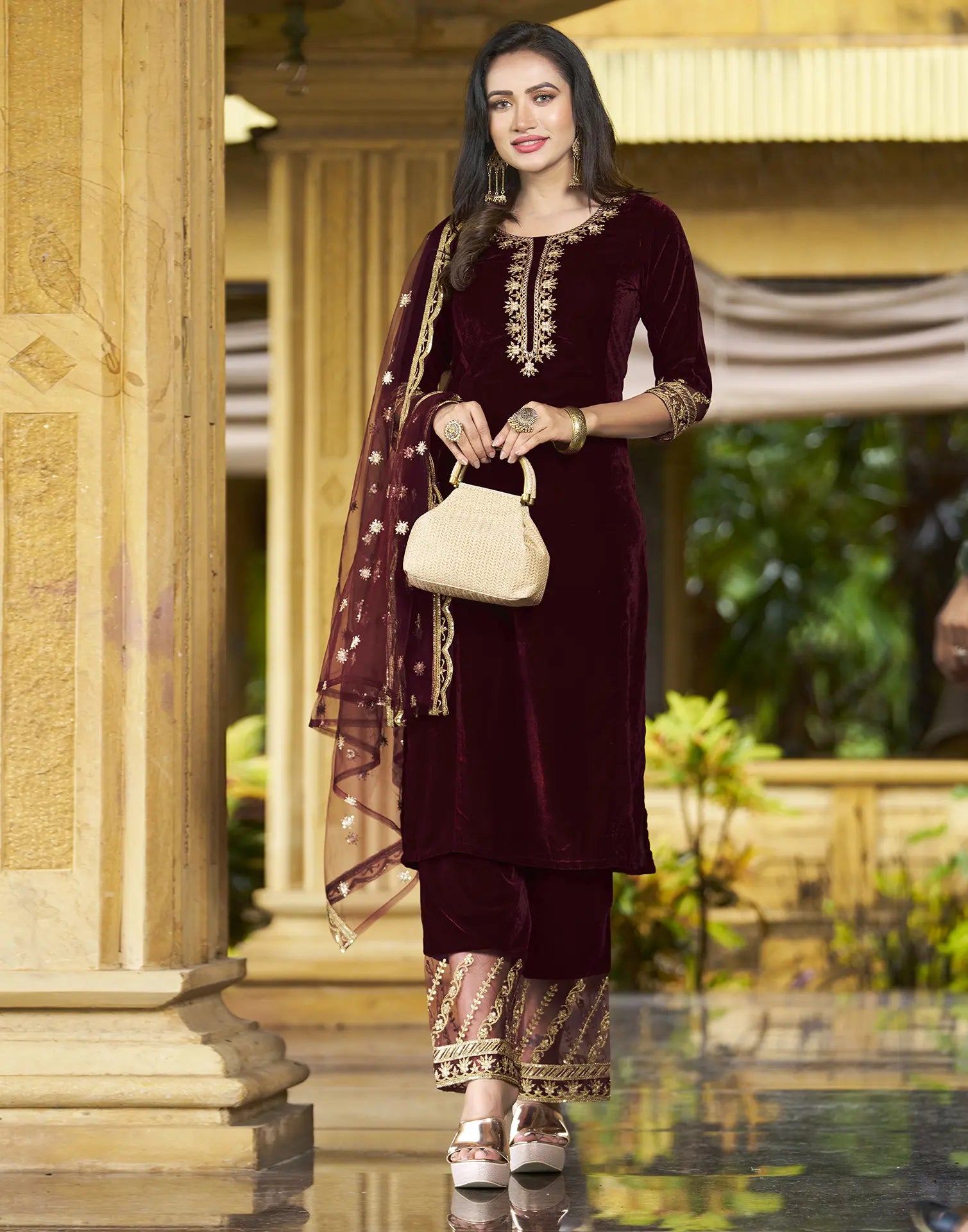 Velvet Embroidered Straight 3 Piece Kurta Set