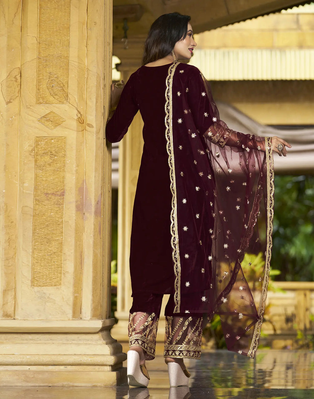 Velvet Embroidered Straight 3 Piece Kurta Set