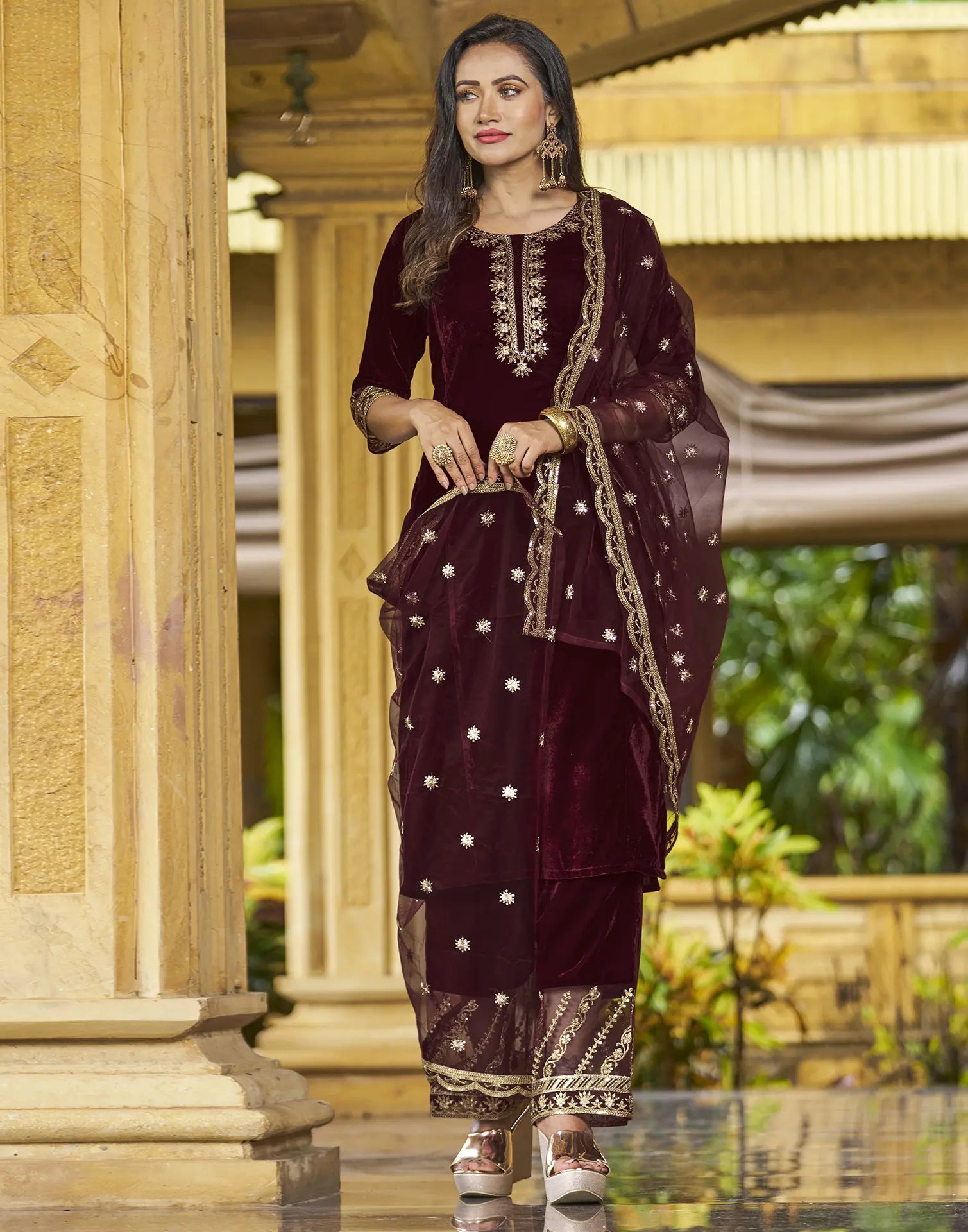 Velvet Embroidered Straight 3 Piece Kurta Set