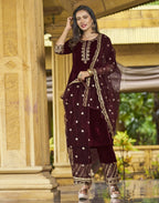 Velvet Embroidered Straight 3 Piece Kurta Set