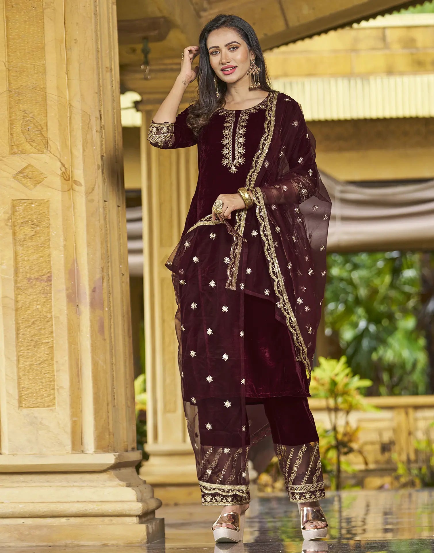 Velvet Embroidered Straight 3 Piece Kurta Set