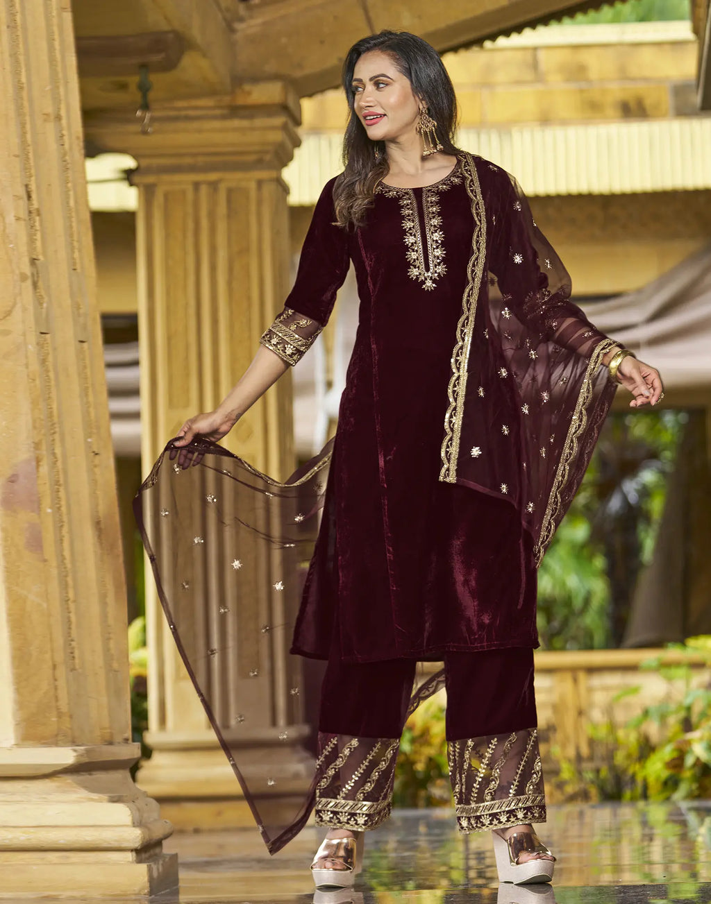 Velvet Embroidered Straight 3 Piece Kurta Set