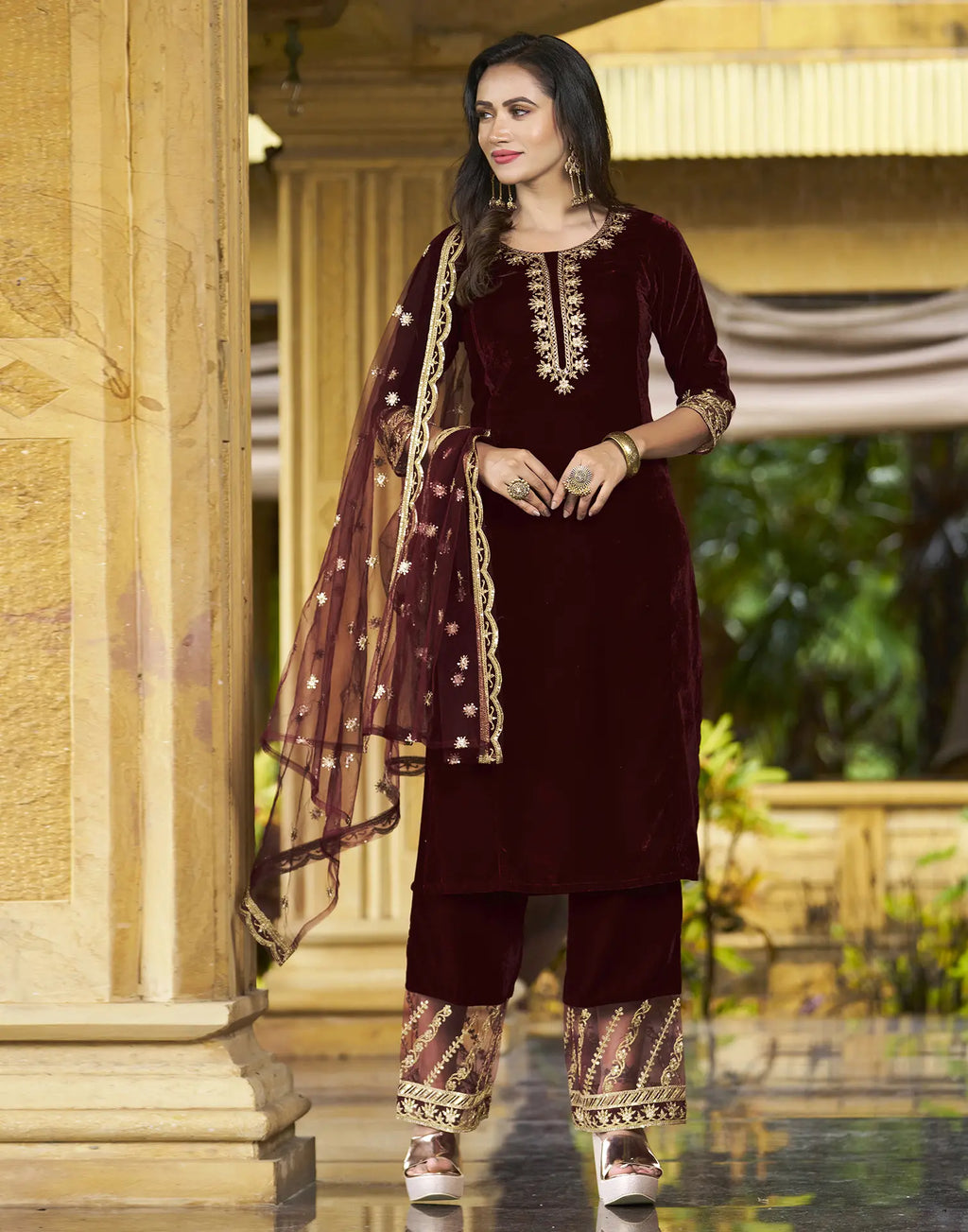 Velvet Embroidered Straight 3 Piece Kurta Set