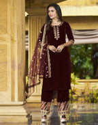 Velvet Embroidered Straight 3 Piece Kurta Set