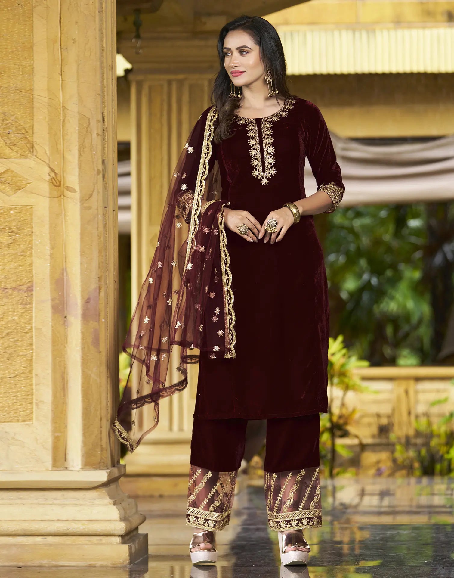 Velvet Embroidered Straight 3 Piece Kurta Set