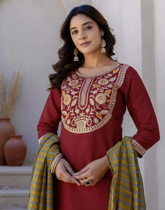 Silk Sequin Work, Embroidery, Embroidery Lace Straight Kurta with Pant & Dupatta