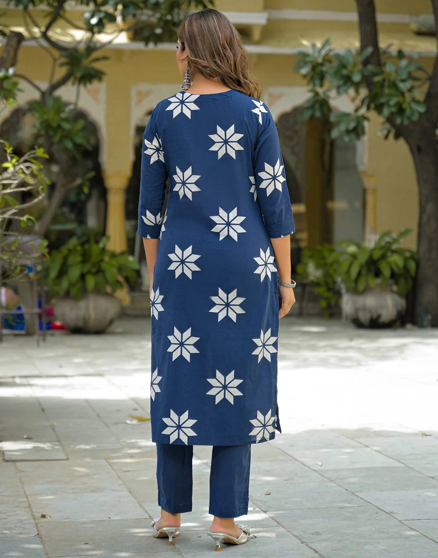 Cotton Straight Printed V-Neck Kurta with Pant & Dupatta