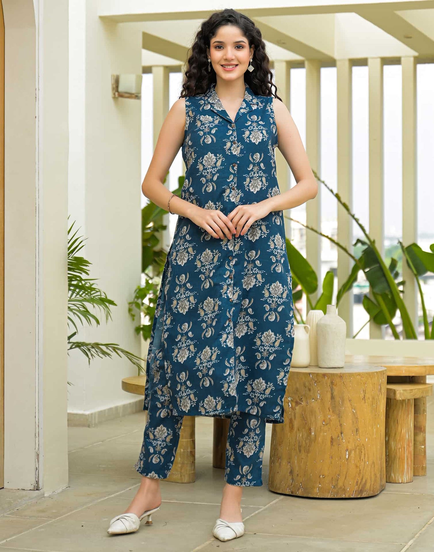 Cotton Blend Printed V-Neck Co-ord Set