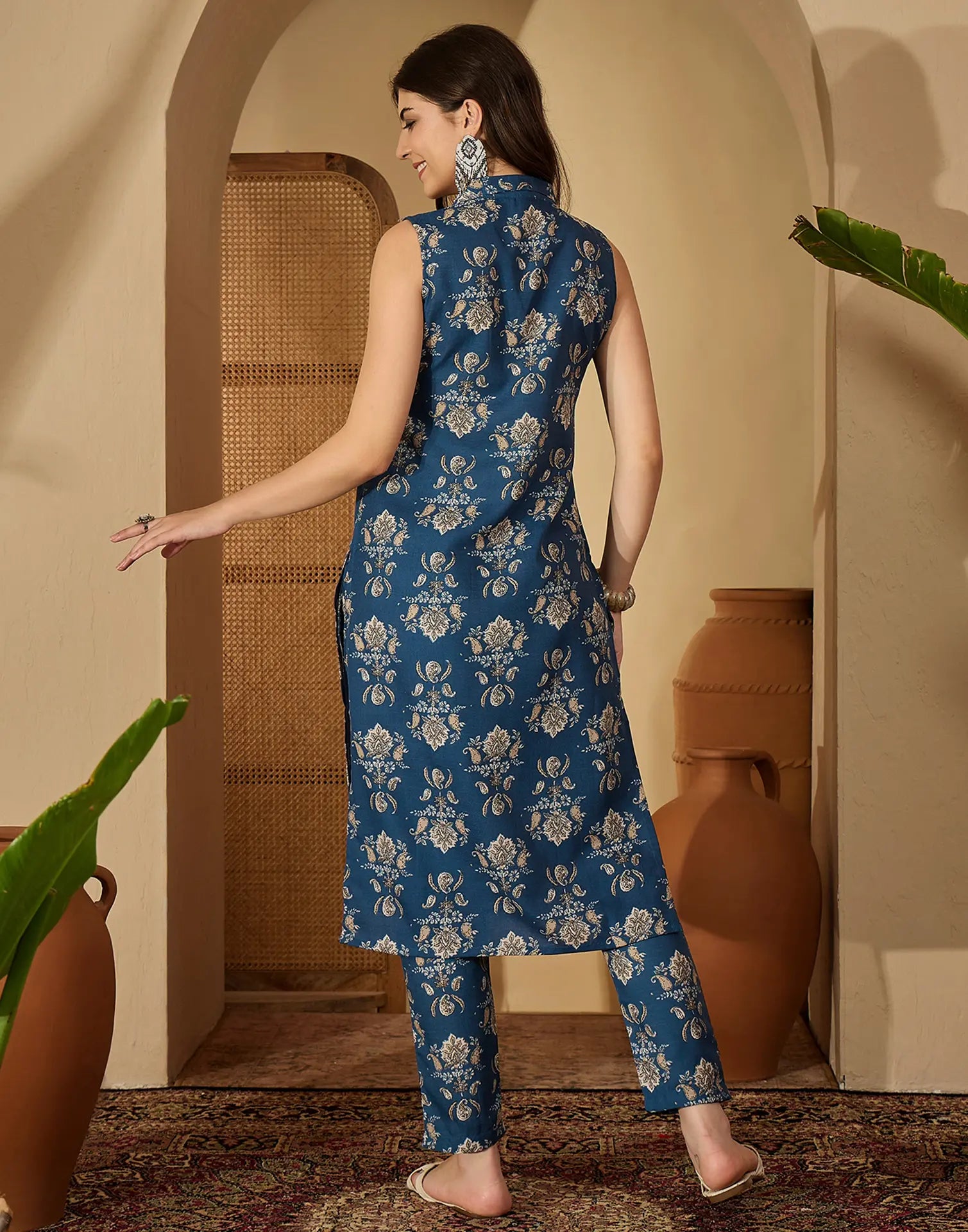 Cotton Blend Printed V-Neck Co-ord Set