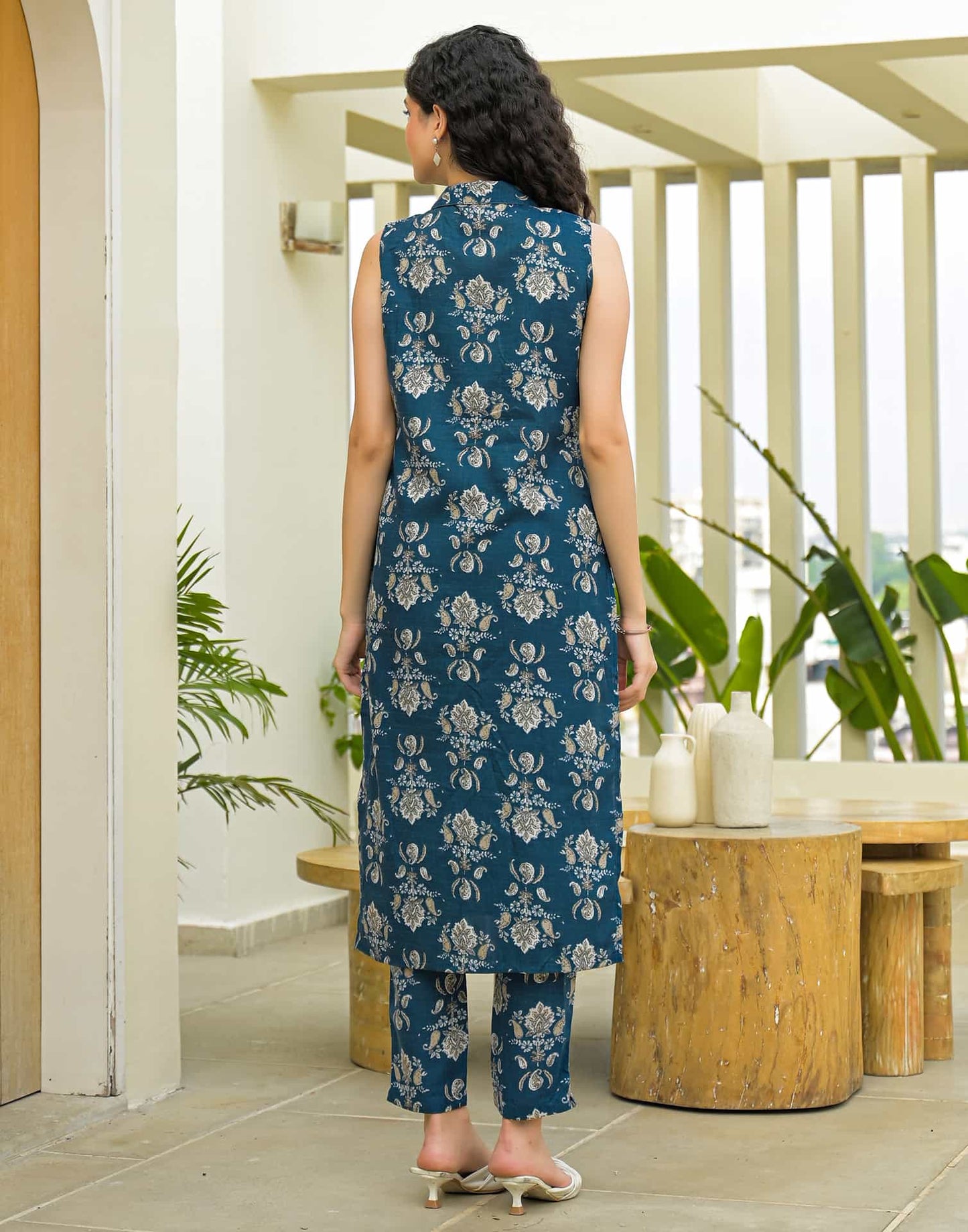 Cotton Blend Printed V-Neck Co-ord Set