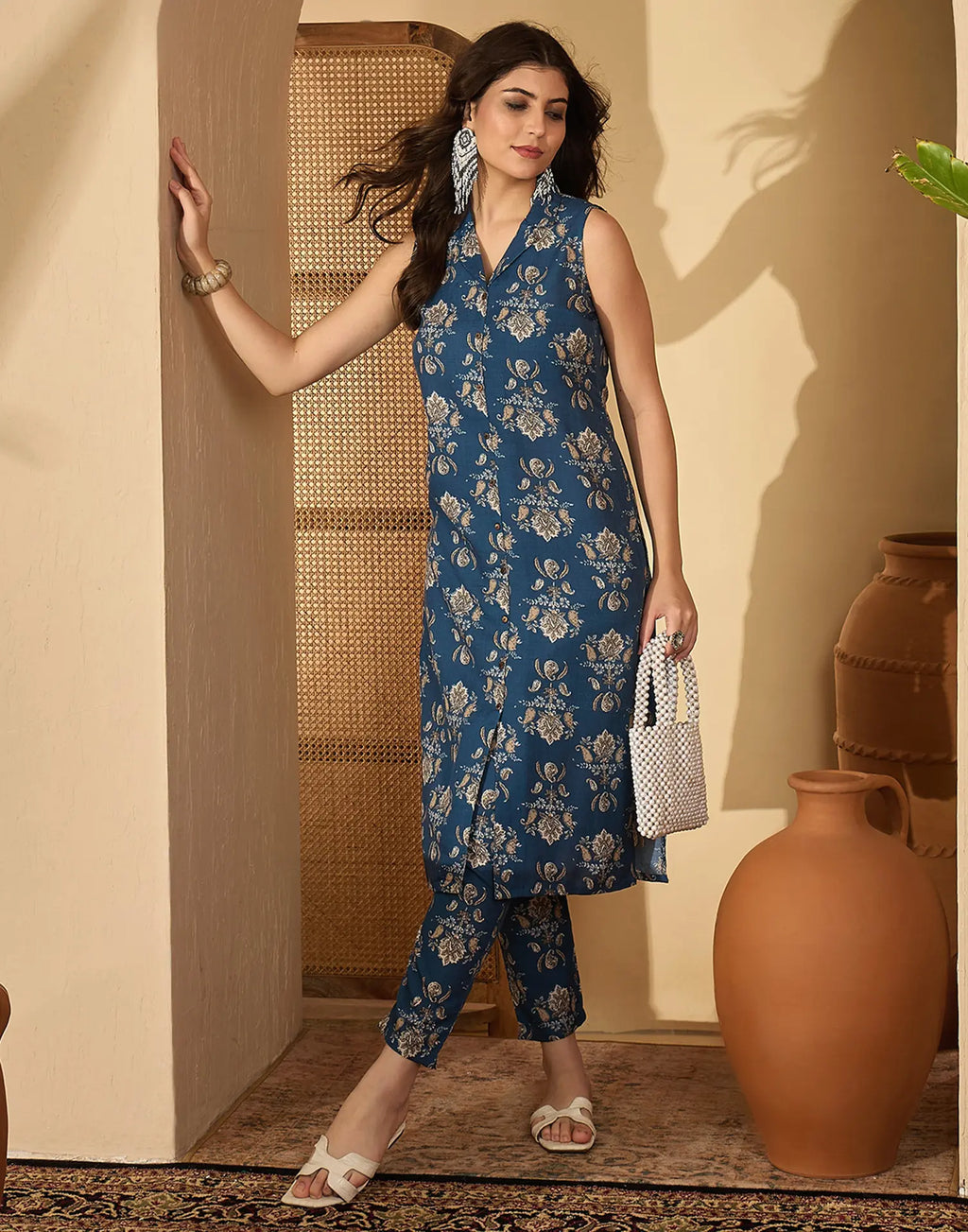 Cotton Blend Printed V-Neck Co-ord Set