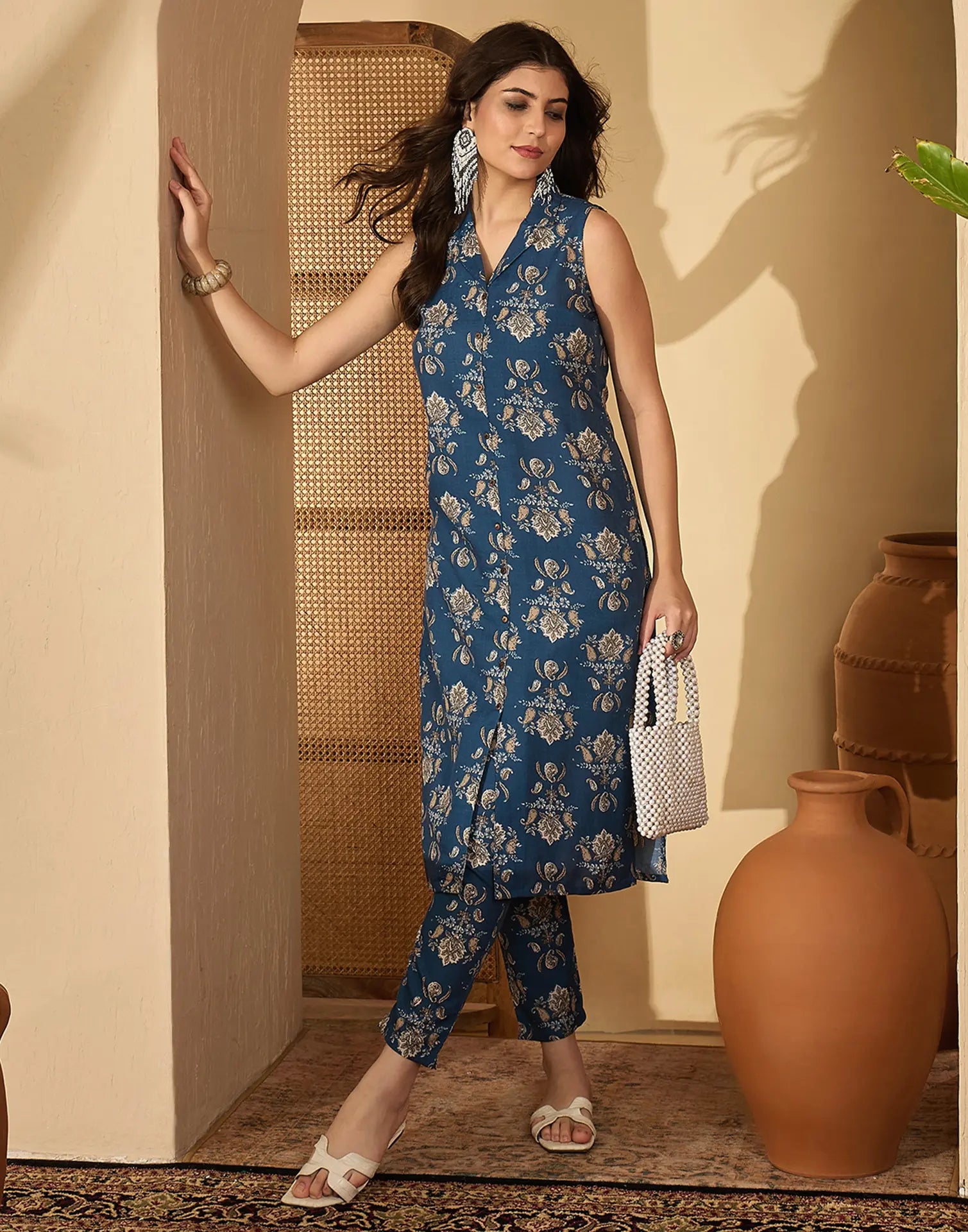 Cotton Blend Printed V-Neck Co-ord Set