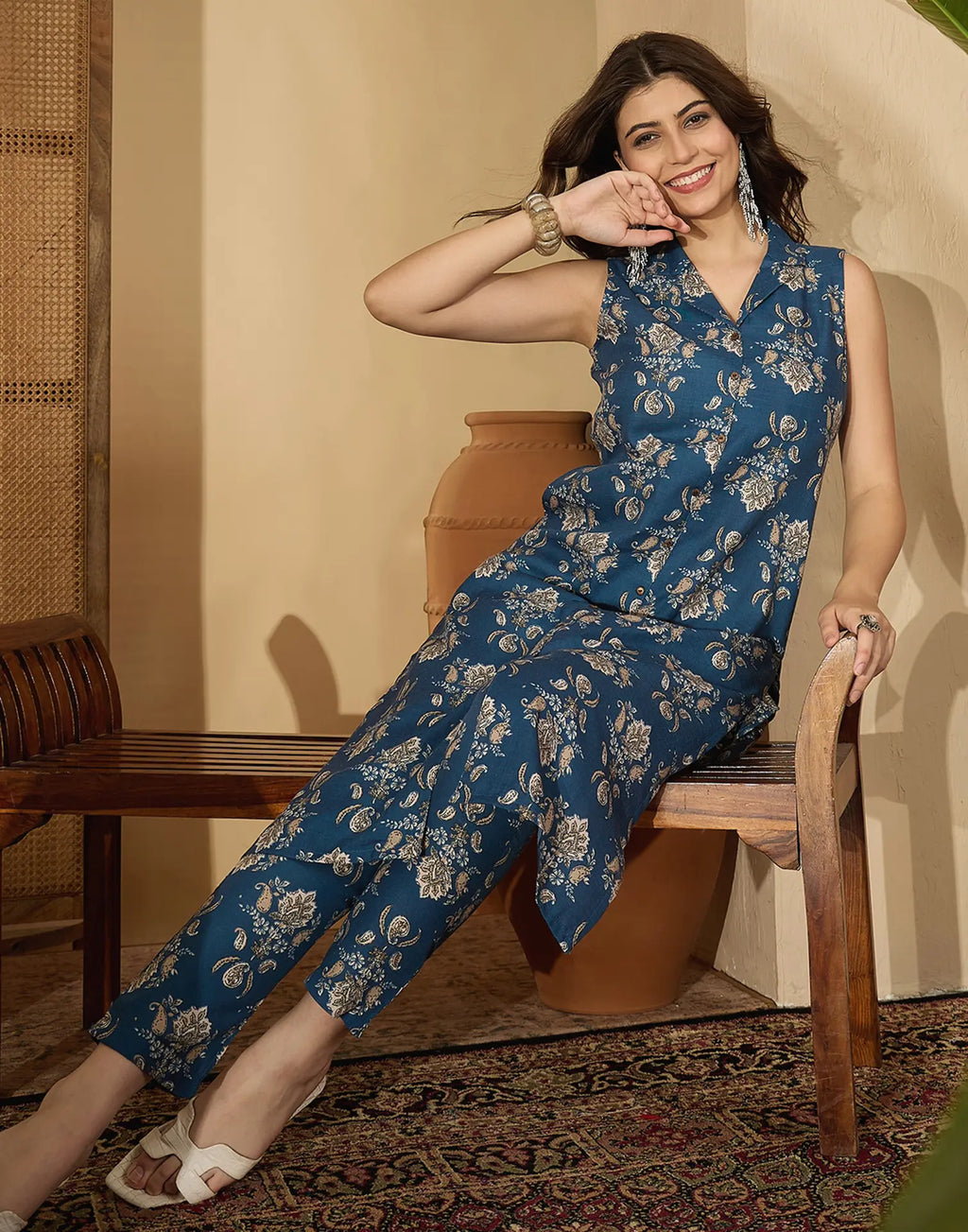 Cotton Blend Printed V-Neck Co-ord Set