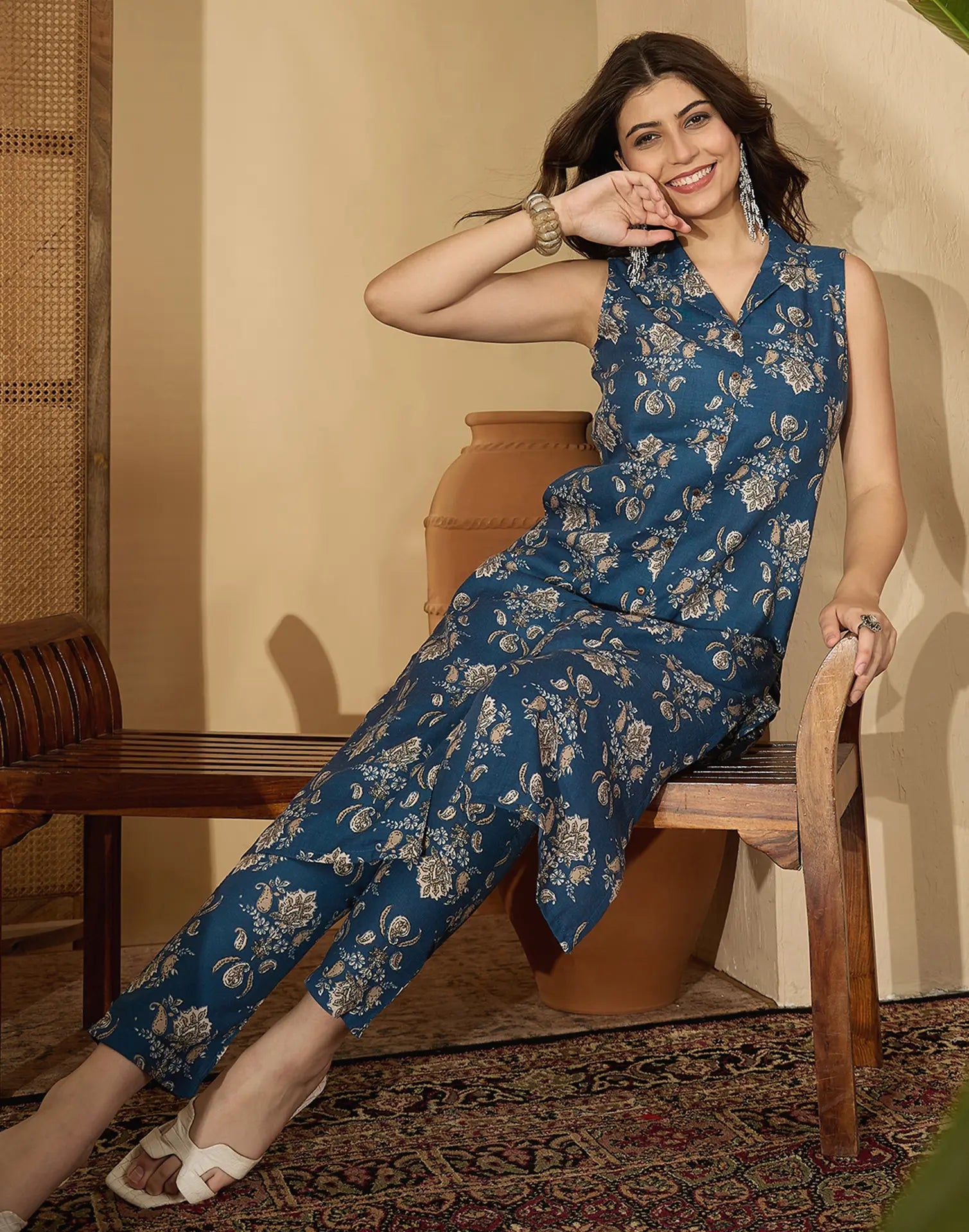 Cotton Blend Printed V-Neck Co-ord Set