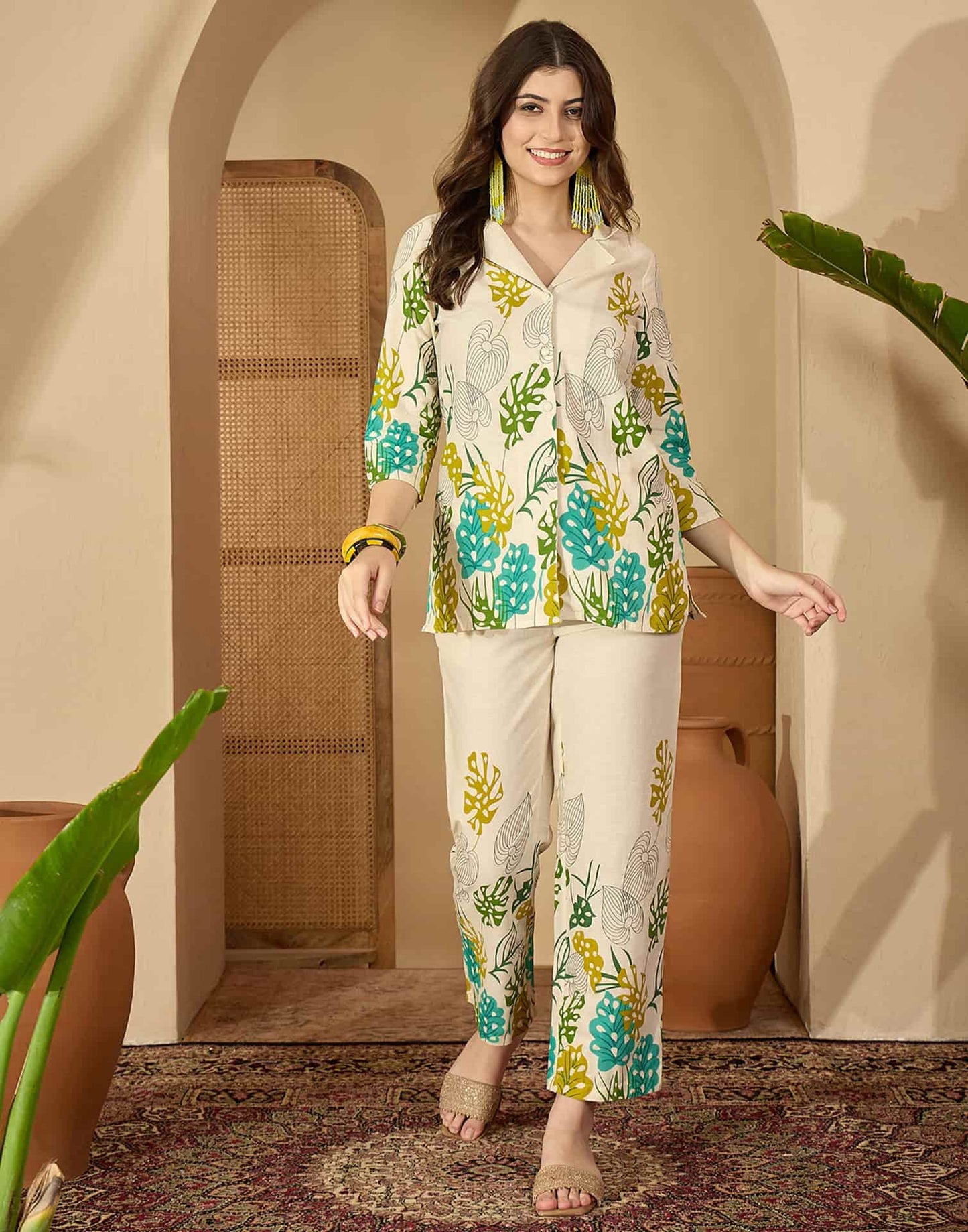 Cotton Blend Printed V-Neck Co-ord Set