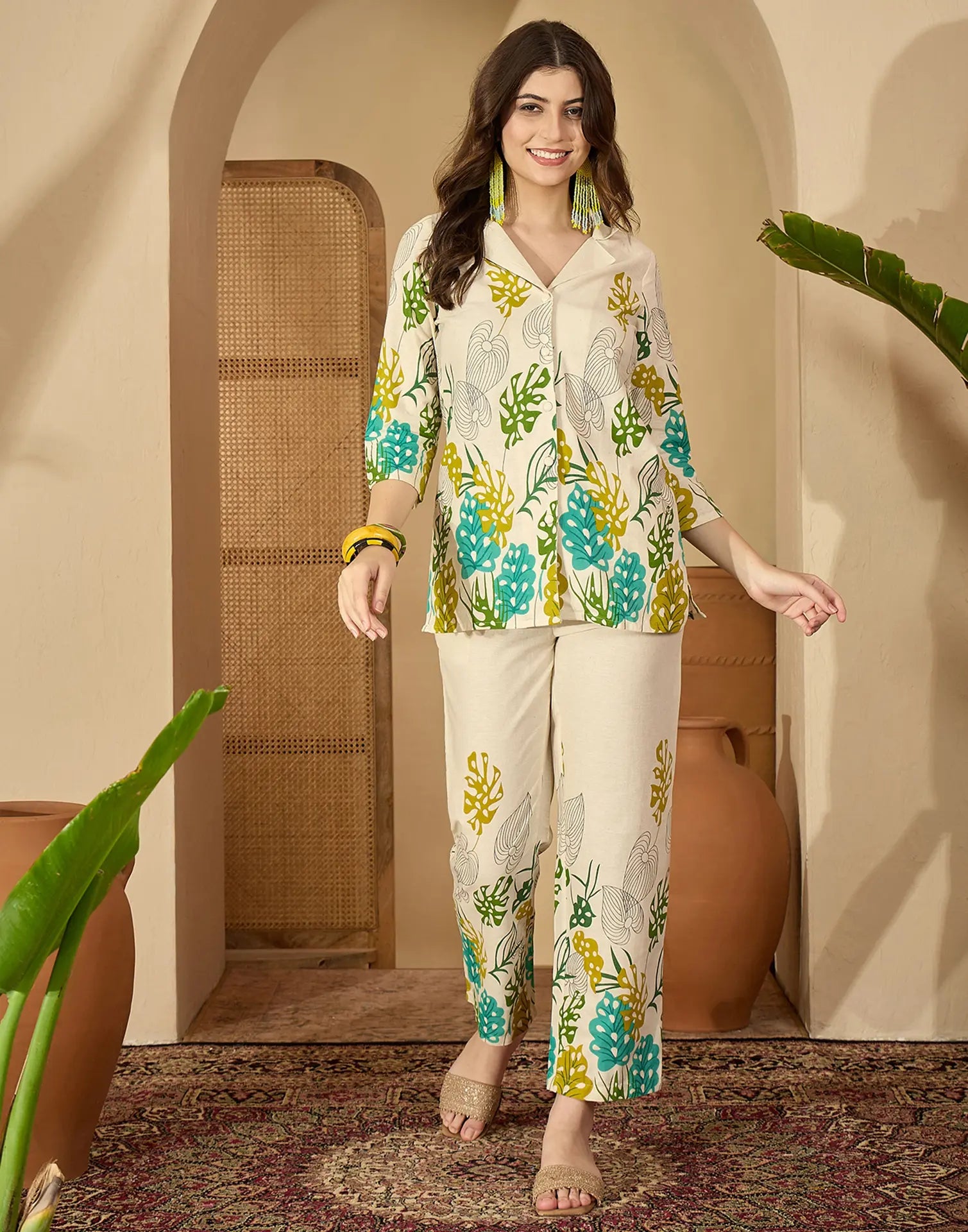 Cotton Blend Printed V-Neck Co-ord Set