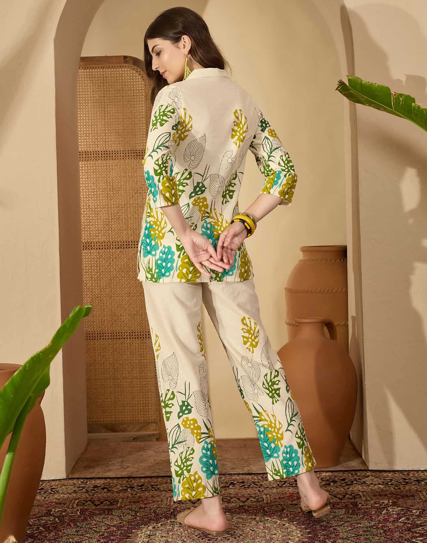 Cotton Blend Printed V-Neck Co-ord Set