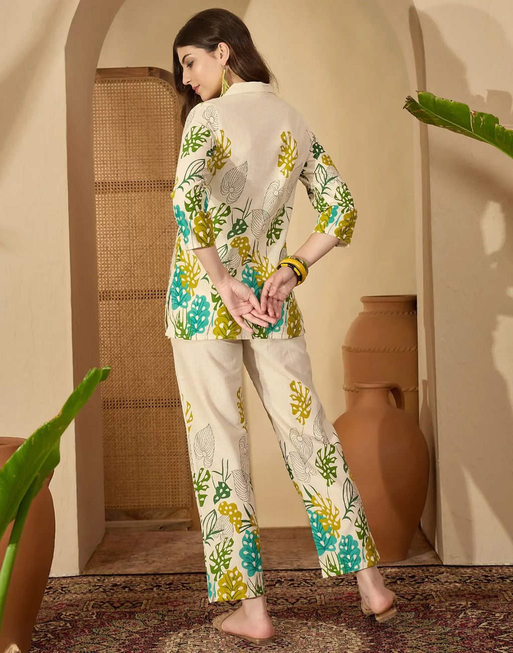 Cotton Blend Printed V-Neck Co-ord Set