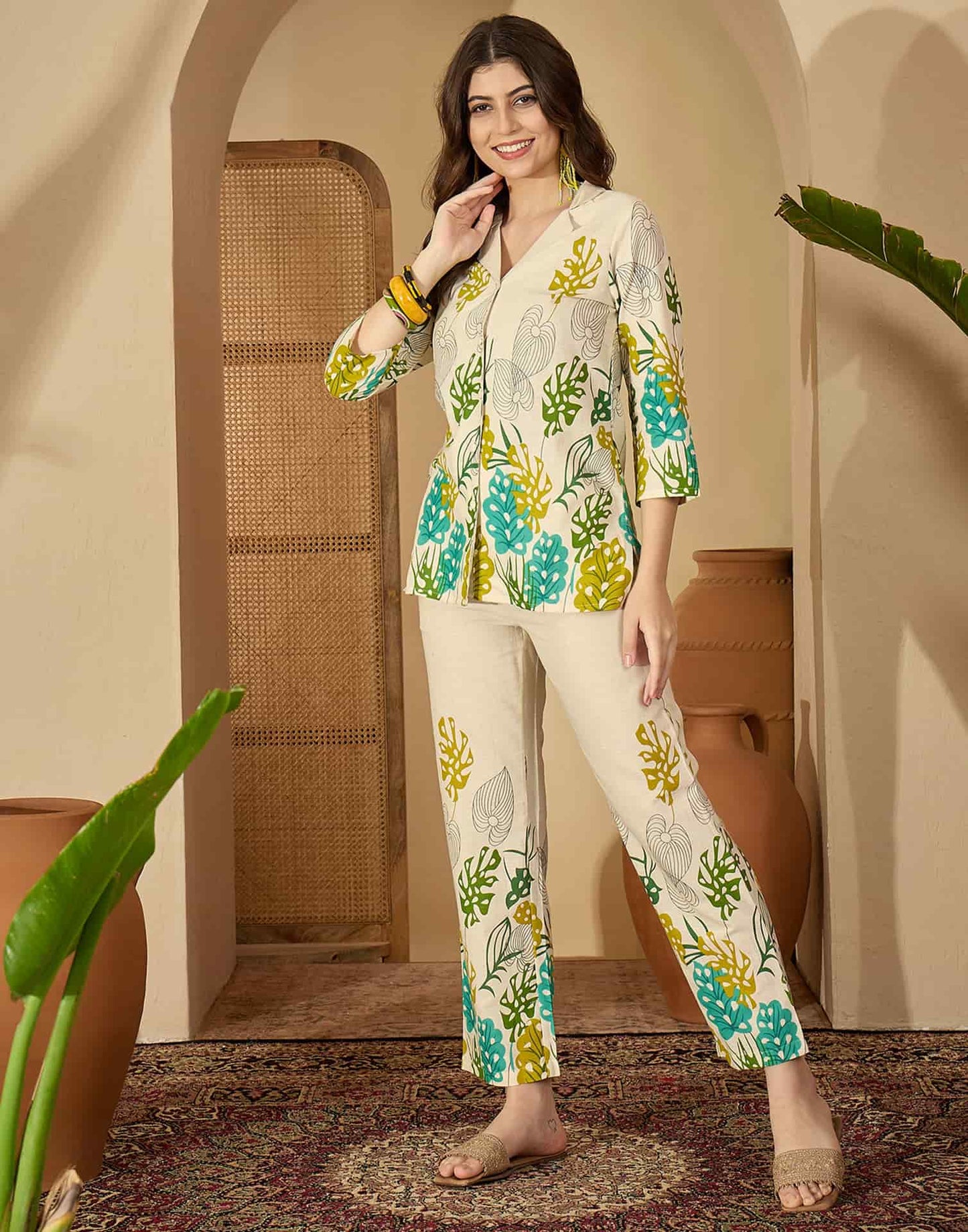 Cotton Blend Printed V-Neck Co-ord Set