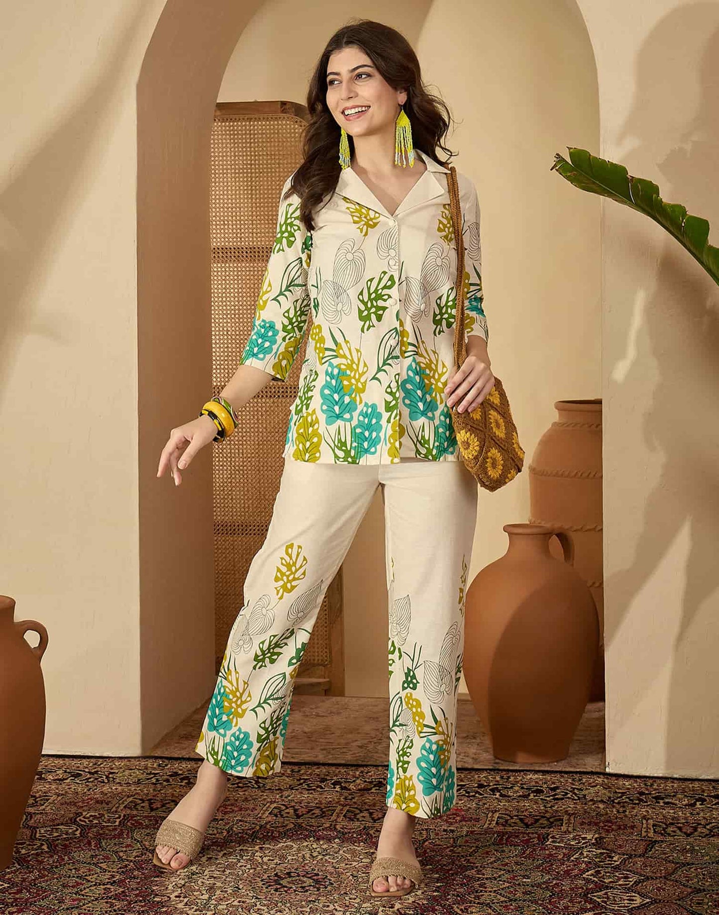 Cotton Blend Printed V-Neck Co-ord Set