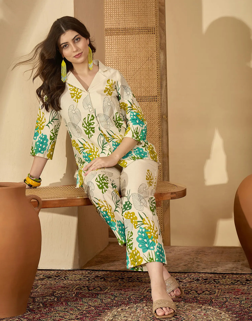 Cotton Blend Printed V-Neck Co-ord Set