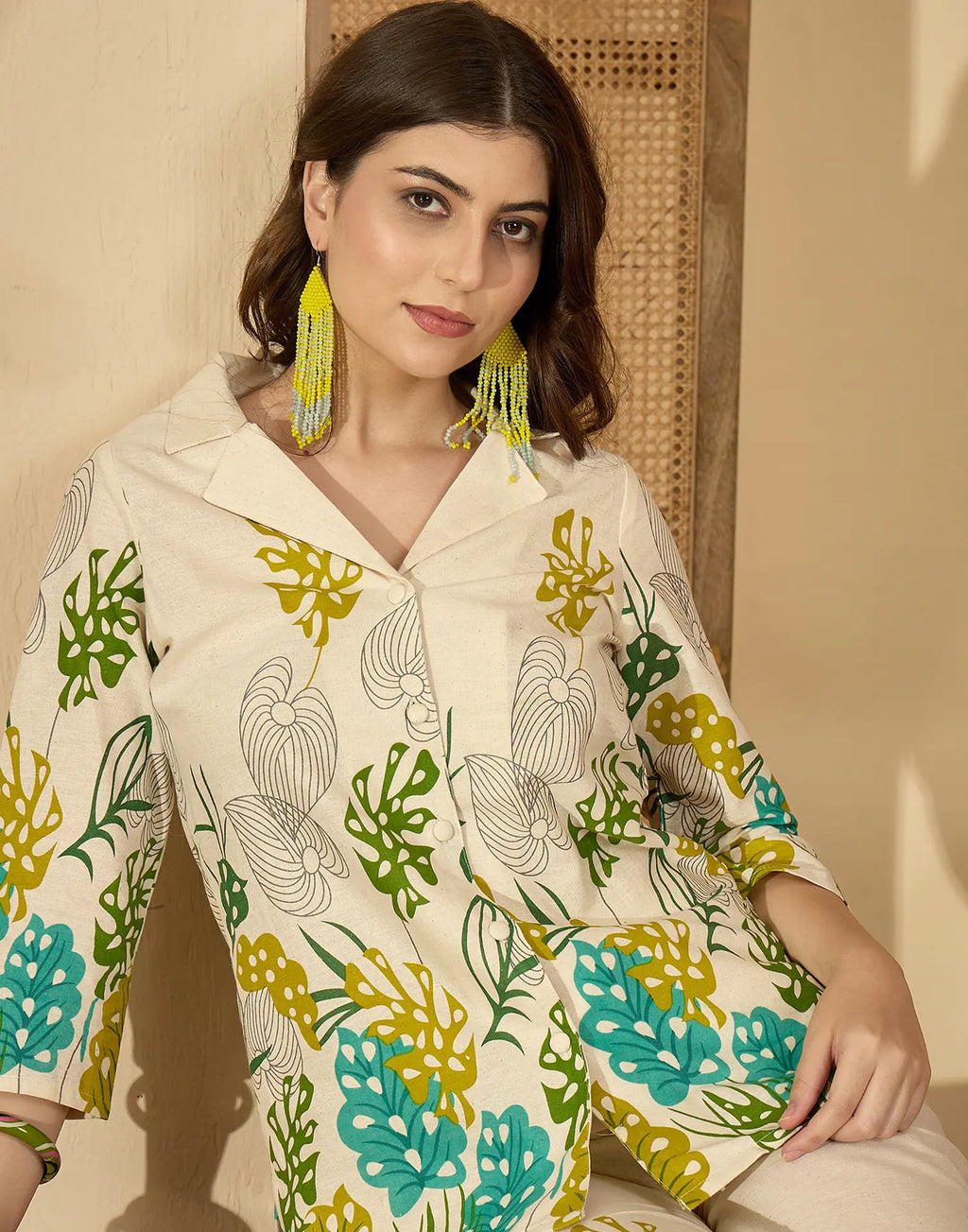 Cotton Blend Printed V-Neck Co-ord Set