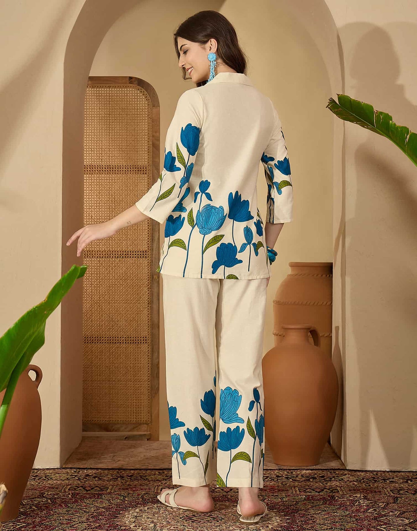 Cotton Blend Printed V-Neck Co-ord Set