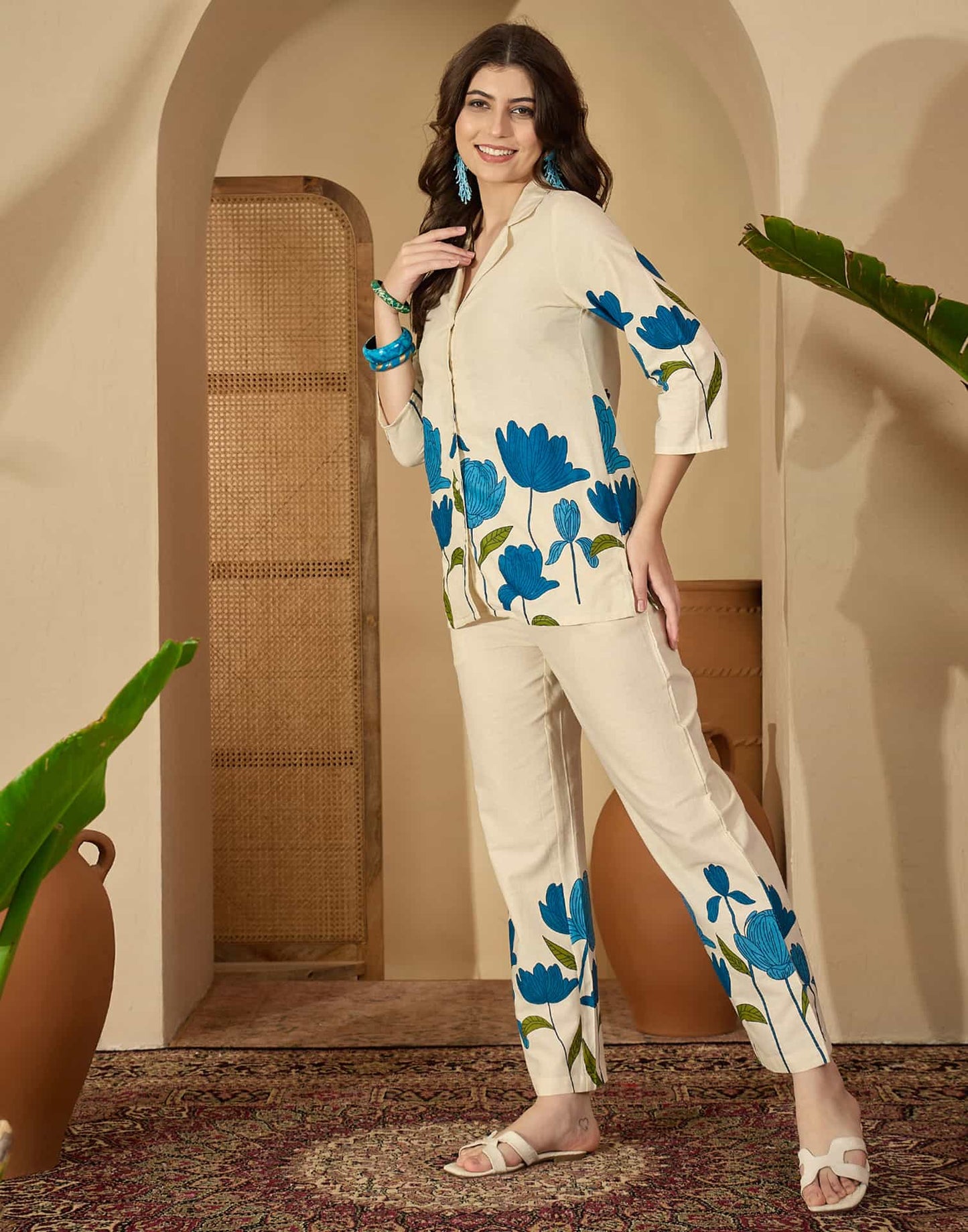 Cotton Blend Printed V-Neck Co-ord Set