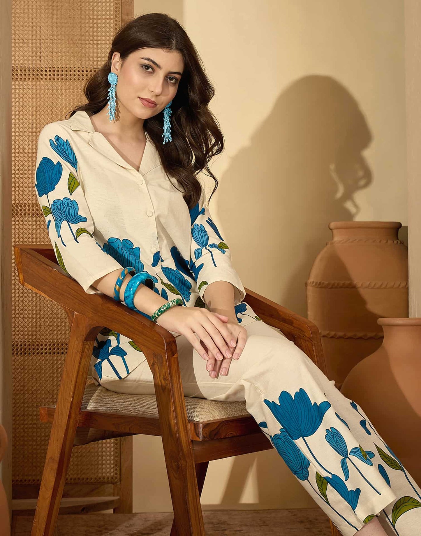 Cotton Blend Printed V-Neck Co-ord Set