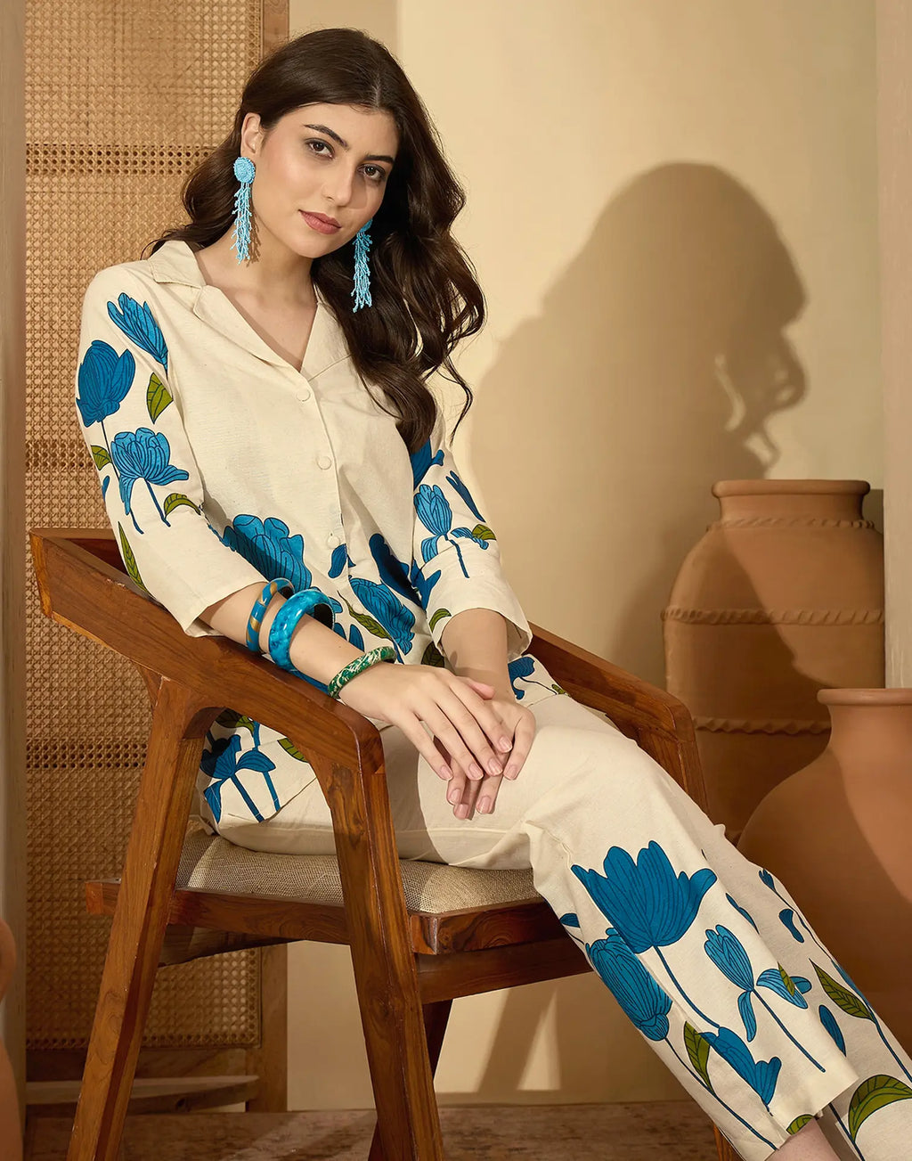 Cotton Blend Printed V-Neck Co-ord Set