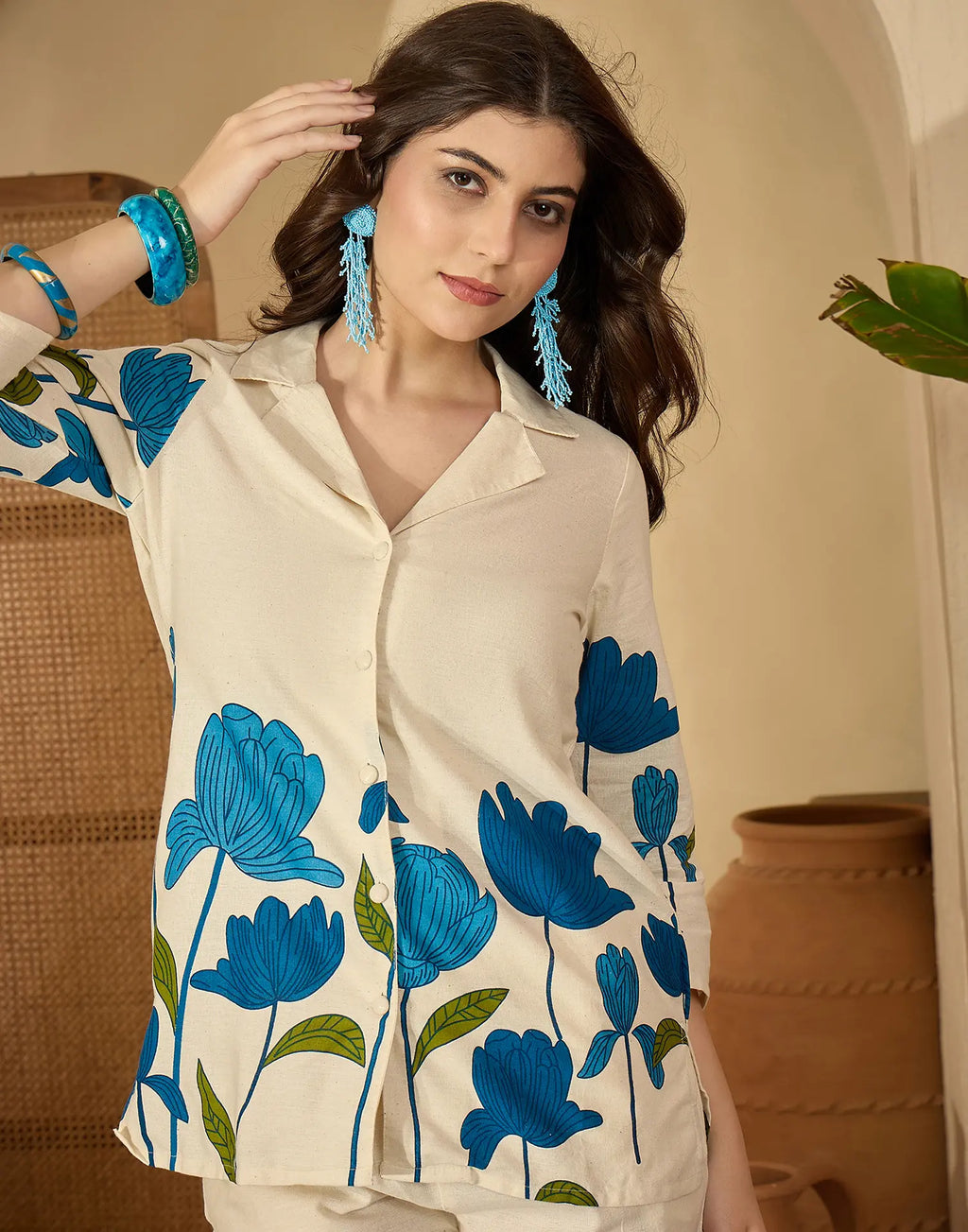 Cotton Blend Printed V-Neck Co-ord Set