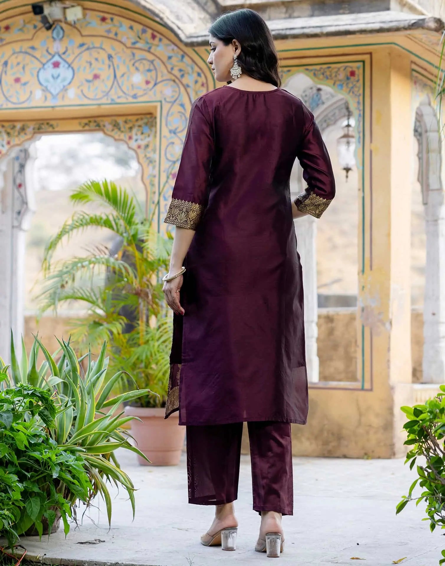 Purple Silk Blend Weaving Straight Kurta Set for Women with Pant & Dupatta