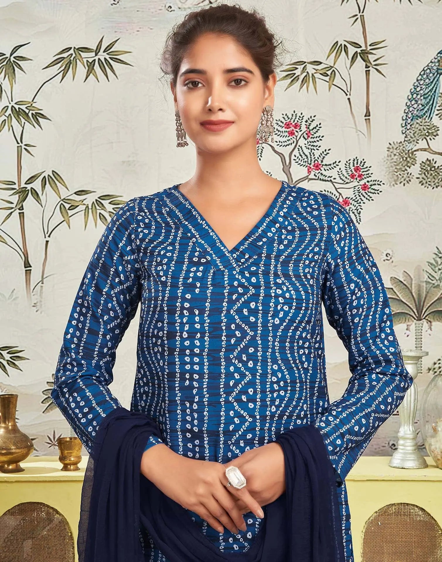 Affordable Dark Blue Bandhani Printed Rayon Kurta set with dupatta 