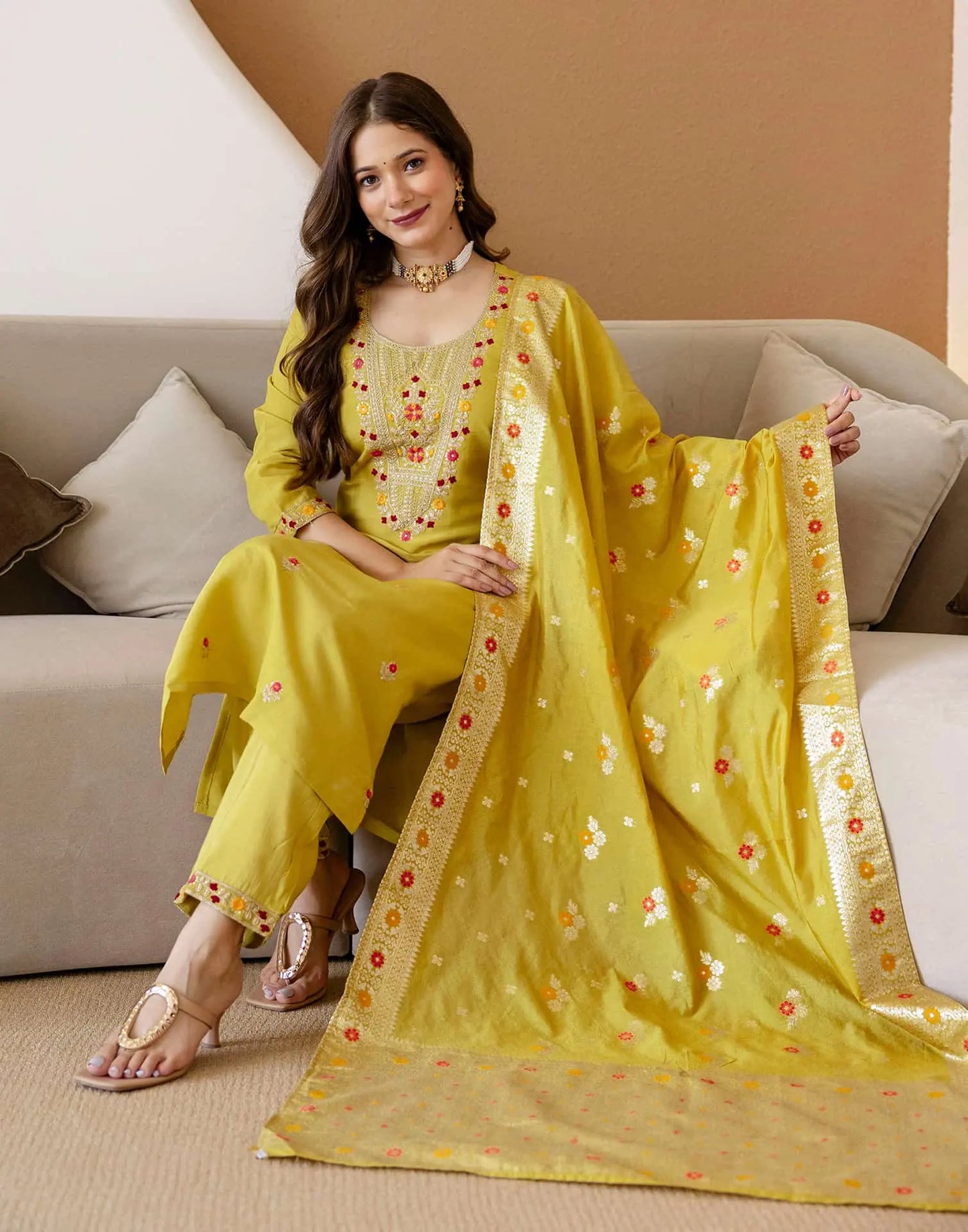 Yellow Silk Embroidered Straight Kurta Set with Pant & Dupatta for Women under 1299