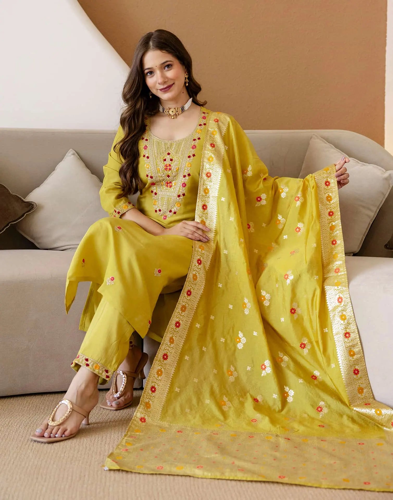 Yellow Silk Embroidered Straight Kurta Set with Pant & Dupatta for Women under 1299