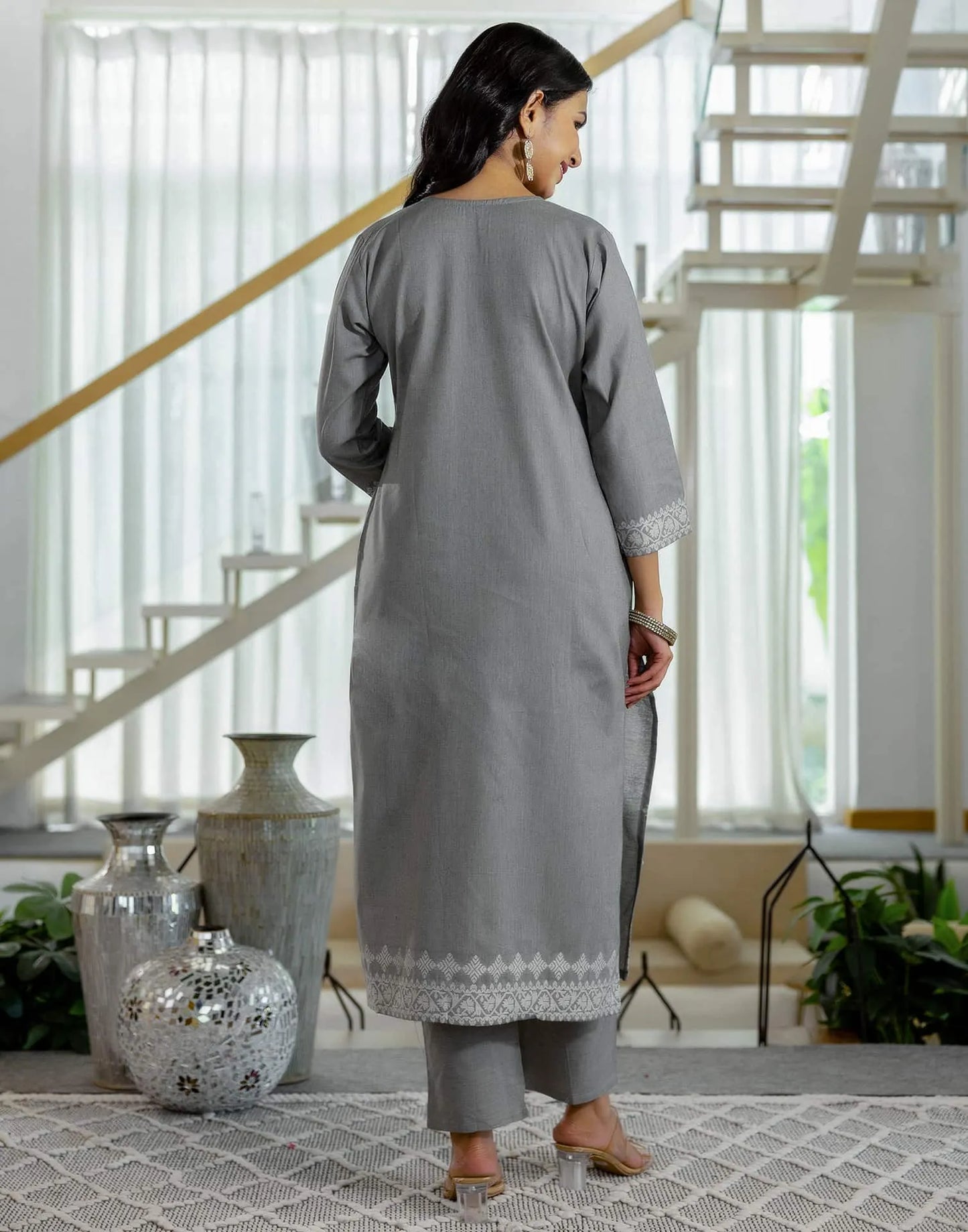 Grey Cotton Woven Straight Kurta Set with Pant & Dupatta under 1250