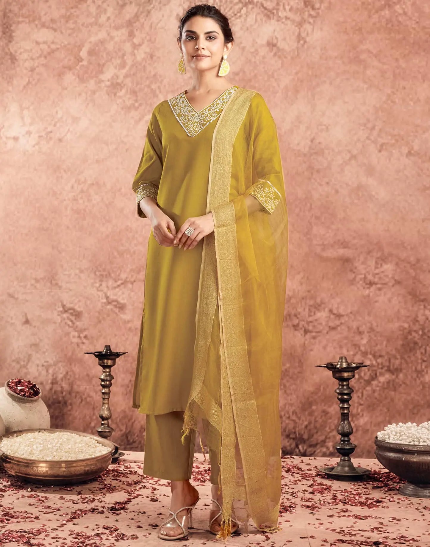 Cotton Blend Embroidered Straight Kurta with Pant & Dupatta